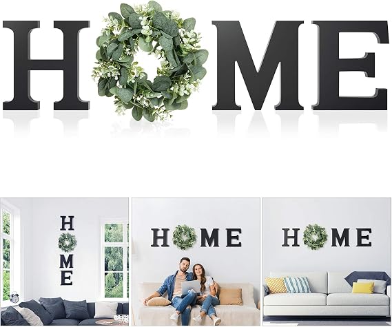 Wooden Home Letters with Wreath Artificial Eucalyptus Modern Decorative Hanging Farmhouse Sign for Living Room & Kitchen - Housewarming & Couple Gifts - Christmas Decoration