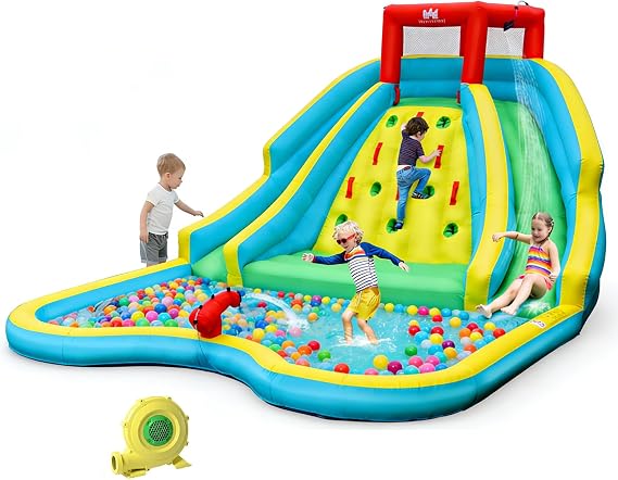 BOUNTECH Inflatable Water Slide Park, Double Slide Water Park Bounce House for Outdoor, Climbing Wall, Bouncy Castle with Blower, Blow up Water Slides Inflatables for Big Kids Backyard Party Gifts