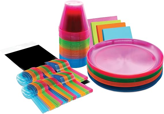Party Essentials Disposable Plastic Glow-in-the-Dark Party Supplies Dinnerware Decorations, Plate/Cup/Cutlery/Tablecover, 193 Pcs, Assorted Neon