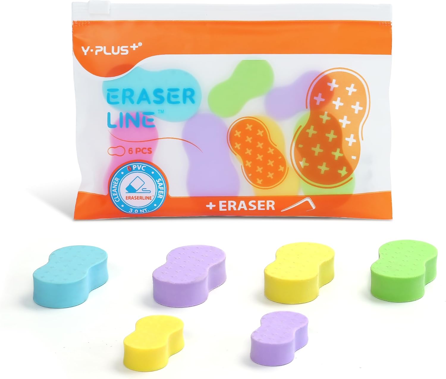 Yplus Eraser Line - Hipolymer Pencil Erasers for School Office Cute White Eraser for Kids Artist No Residue 6 Pack Multicolor