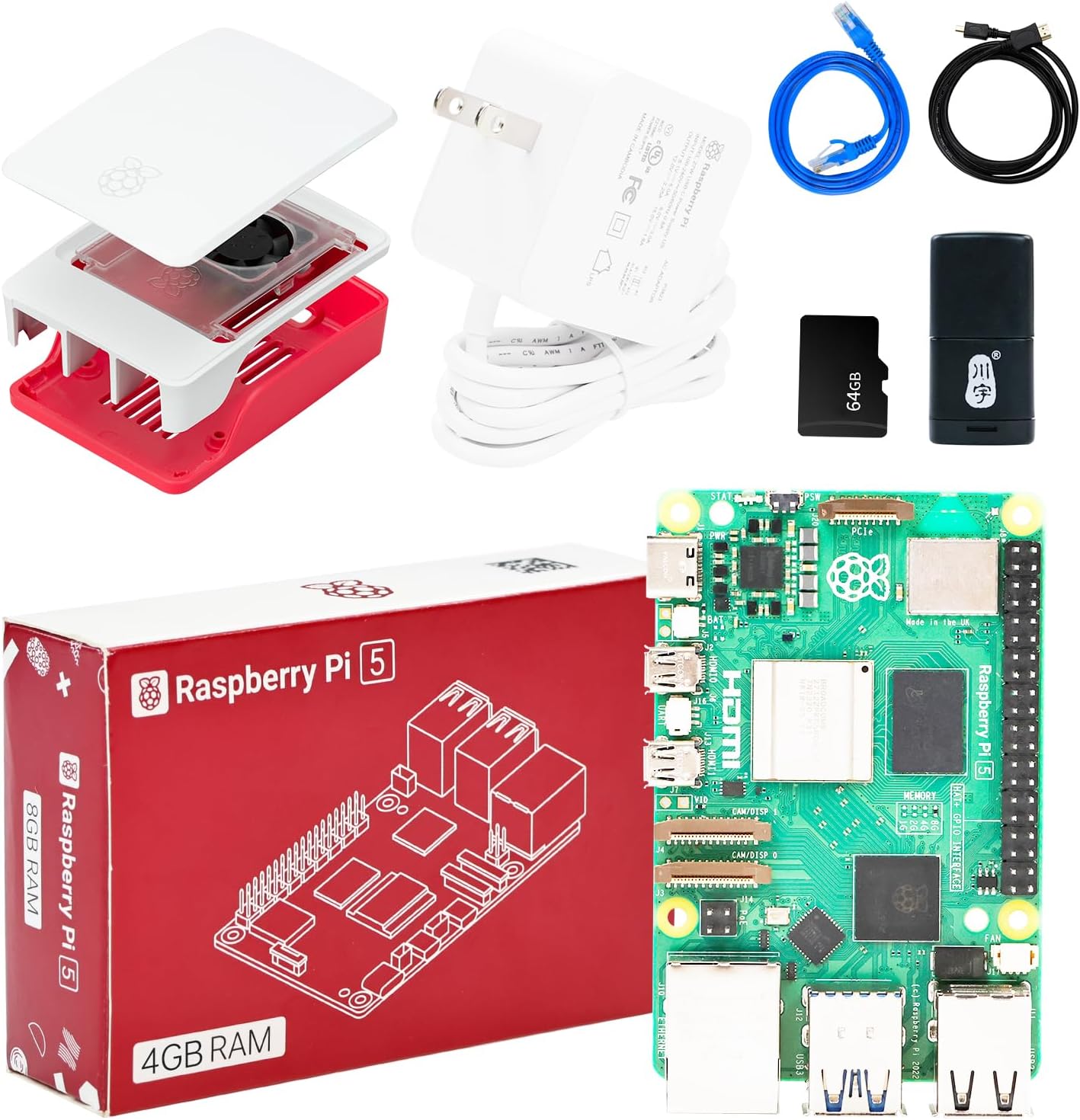 Raspberry Pi 5 Development Board Kit 4GB8GB RAM with Official 27W Pi 5 Power Supply 5V5A, Case and Active Cooling Optional, TF Card with Mirror Pi5-4GBOfficial Charger Case Kit