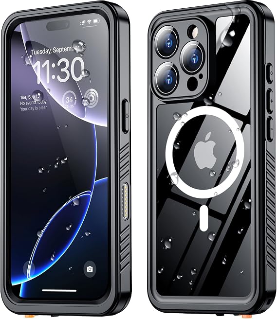 SPIDERCASE Magnetic for iPhone 16 Pro Case Waterproof, Built-in Screen & Camera Lens Protector[IP68 Underwater] [Military Grade Shockproof] Full Body Protection Phone Case,Black/Clear