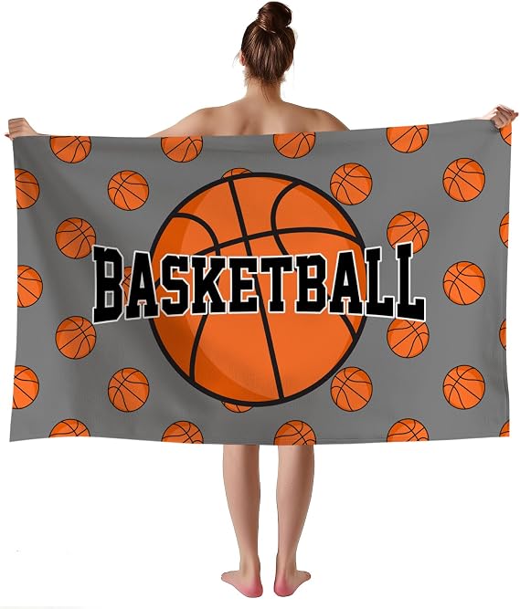 WZOMT Basketball Beach Towel for Boys, Microfiber Basketball Towel for Beach Pool Swim Bathroom, Quick Dry Sand-Free Funny Basketballs on Grey Sports Balls Bath Towels, Oversized 32x52 Inch