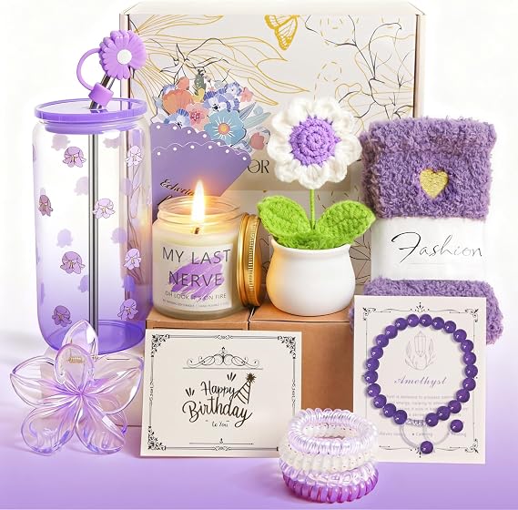 Birthday Gifts for Women Teen Girls, Unique Happy birthday Gift Baskets for Her, Thank You Self Care Get Well Present Set, 14pcs Cute Teenage Box for Friend Sister Teacher Coworker (Purple)
