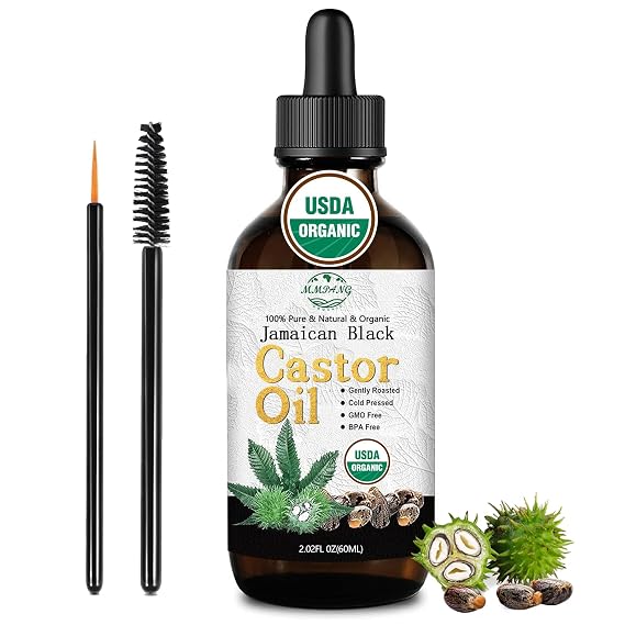 Jamaican Black Castor Oil - USDA Organic 100% Pure, Cold Pressed, Hexane-Free & Vegan, Glass Bottle w/Dropper & Dual Brush for Hair Growth, Thicker Eyelashes, Brows & Scalp Care, 2oz