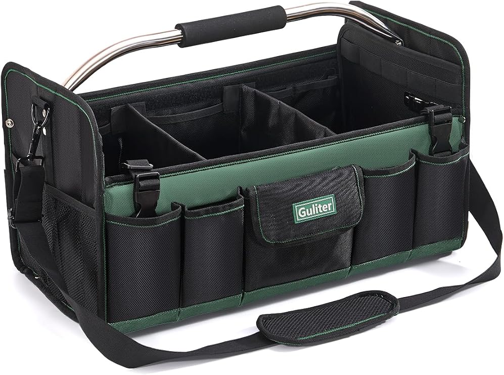 20 Inch Large Tool Bag,Heavy Duty Open Top Tool Tote,25 Pocket Tool Box Organizer with Stainless Steel Handle & Adjustable Shoulder Strap, Black/Green