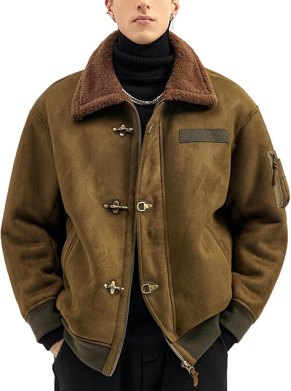 EMENAR Shearling Coat Men Winter Thick Coat Moto Punk Fur Liner Shearling Bomber Leather Warm Jacket
