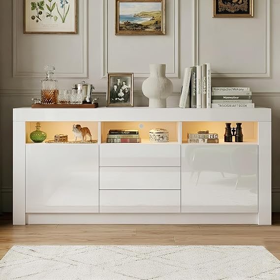 160cm Sideboard for Living Room Cupboard Cabinet High Gloss Highboard White | 2 Doors, 3 Drawers, 16-colour LED Lighting, Adjustable Brightness, TV Stand Unit Furniture Home Units