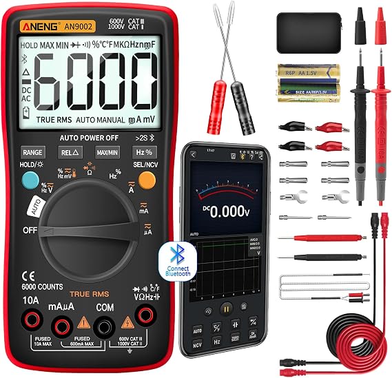 ANENG Bluetooth Multimeter, TRMS 6000 Count Auto Range AC/DC Digital Tester | Ohm Volt Meter Measures AC/DC Voltage,Current,Resistance,Capacitance, continuity,Diodes,Temperature for Automotive