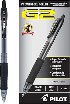 Pilot G2 Pens, Premium Refillable and Retractable Rolling Ball Gel Pens, Fine Point, 0.7mm, Black Ink, 12-Pack 31020