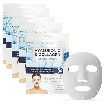 Skin 2.0 Hyaluronic Acid & Collagen Sheet Mask - Hydrating, Anti-Aging, Firming - Dermatologist Tested Korean Skincare - Clean Beauty, Natural Ingredients, Cruelty-Free, All Skin Types - Pack of 5