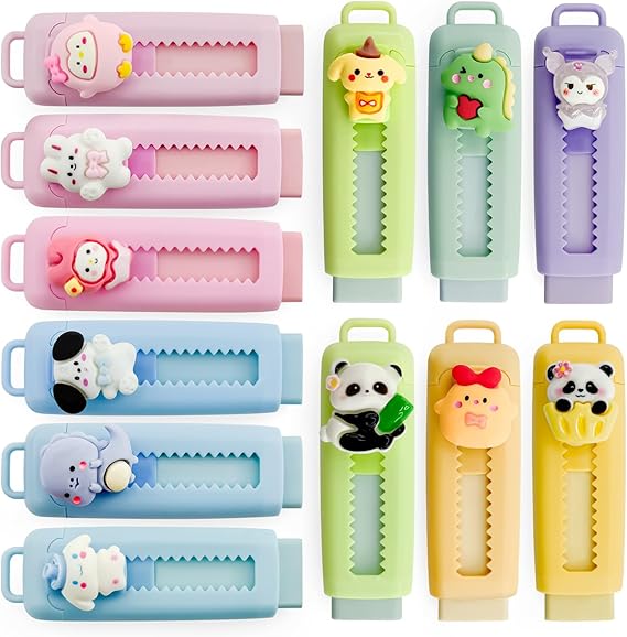 12 Pcs Sliding Retractable Pencil Erasers for Kids, Soft Cute Rubbers