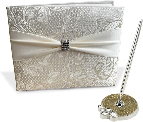 Paper Frenzy Luxury Cream Colored Damask Satin Any Occasion Guest Book and Pen Set, Cream/Damask Satin