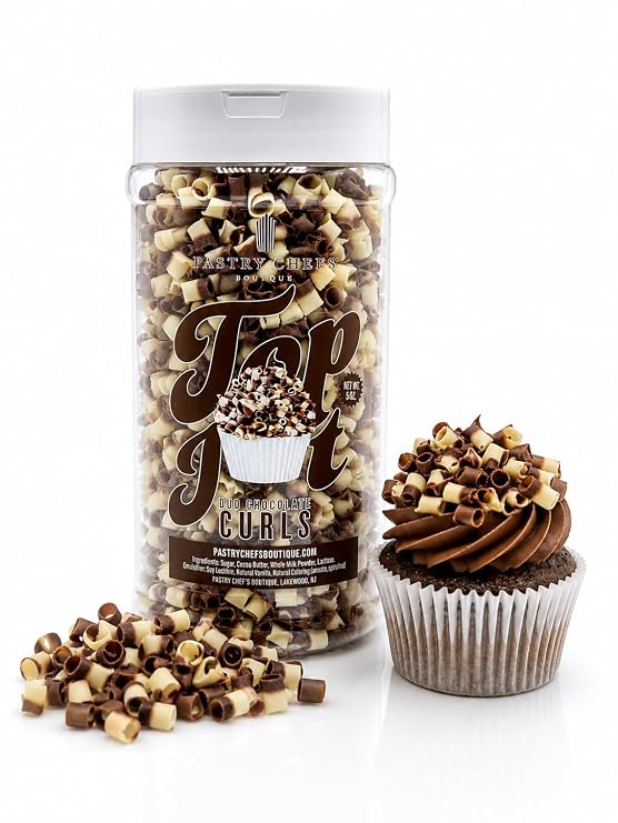 Pastry Chef's Boutique White Dark Duo Blossom Belgian Chocolate Curl Topping for Cupcake, Hot Cocoa, Ice Cream Cookies Cake Decorating - 5 oz