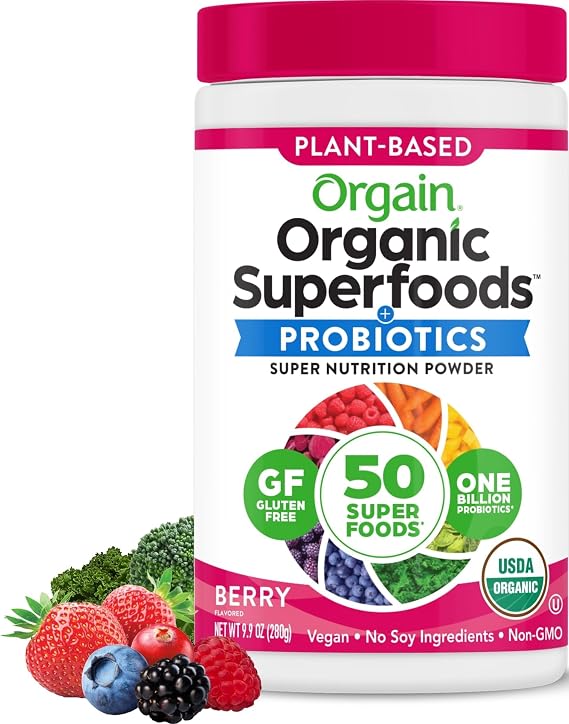 Orgain Organic Greens Powder, 50 Superfoods + Probiotics, Berry, 0.62 lb