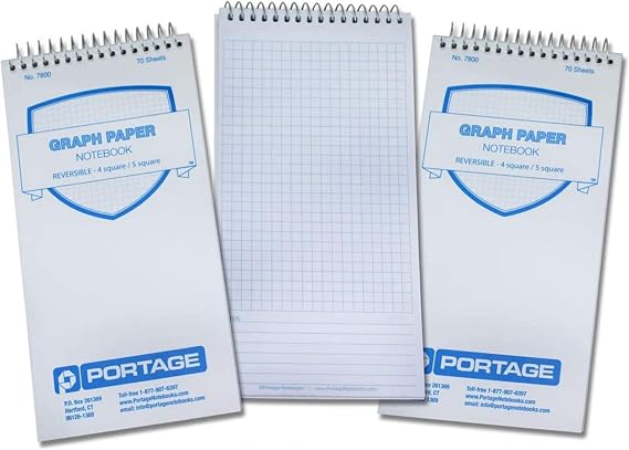 Portage Graph Paper Notebook Top Bound Spiral Grid Notepad, Small Graph Notebook Writing Pad, Grid Paper, Reversible 4 Square / 5 Square with Notes Template, Extra Thick Cover For Extra Stability
