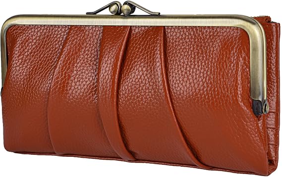 EASTNIGHTS Rfid Blocking Wallets for Women Leather Clutch Wallet Bifold Credit Card Holder Ladies Coin Purse with Zipper and Kiss Lock (Brown)