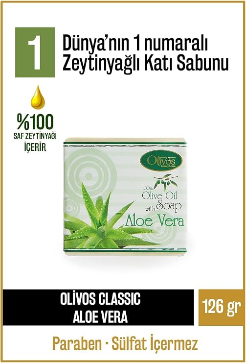 Olivos Doğal Klasik Serisi Aloe Vera ve Zeytinyağlı Katı Sabun - Aloe Vera Özleri ile Zenginleştirilmiş, Nemlendirici ve Rahatlatıcı, 126 gr (Aloe Vera)