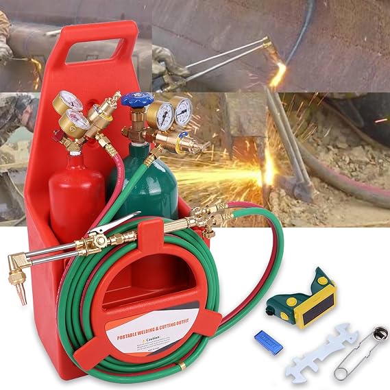 portable Oxygen Acetylene Torch Kit with Tak, Gas Welding Cutting Torch Kit, 14PCS Portable Oxy Acetylene Brazing Set with 177 Twin-Hose, Cutting Nozzle, 2 Welding Tips & Cylinder Holder