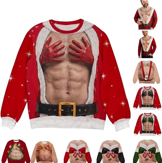 Ugly Christmas Sweater Hairy Chest For Men Funny 3D Santa Sweatshirt