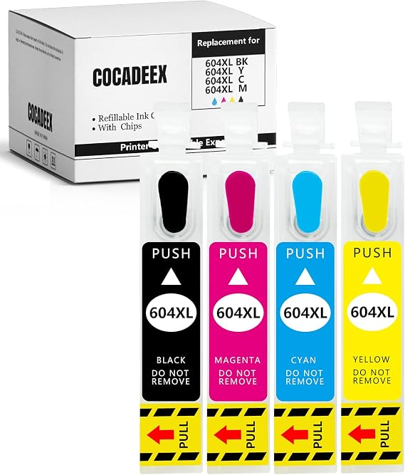 Empty 604XL Refillable Ink Cartridges, 1 Set | Compatible with XP-2200 XP-2205 XP-3200 XP-3205 XP-4200 XP-4205 WF-2935 WF-2930 WF-2910 WF-2950 Printer