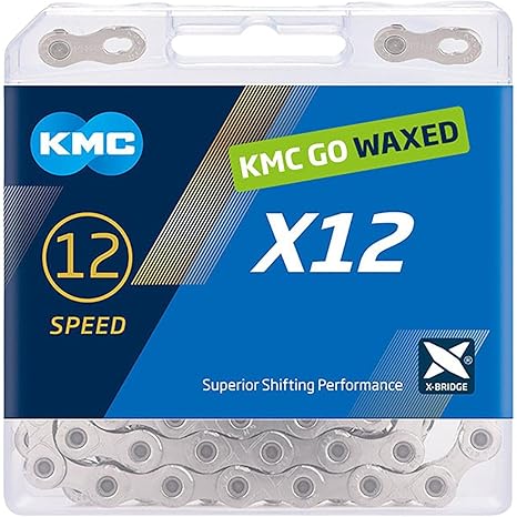 KMC | Wax X12 Bicycle Chain 12-Speed | Mountain Bike/Road/Gravel | 12 Speed Chain: Shimano & Campagnolo Compatible | 126 Links, Missing Link Included | Silver
