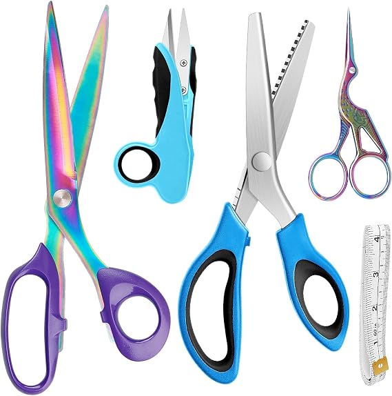Asdirne Sewing Bundle - Sharp Stainless Steel Scissors, Comfortable Handle, Includes Fabric, Pinking, Embroidery Scissors, Thread Snips, Measuring Tape - 5 Pcs