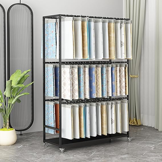 Textile Fabric Roll Storage Rack with Wheels, Fabric Display Rack, Materials Sample Organizer, Adjustable Curtain,Quilt,Blanket,Scarf & Underwear Organizer Holder(Black,120*40*180cm/47*16*71in)