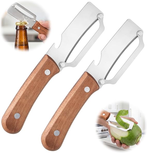 2Pcs 2 in 1 Multi Functional Vegetable Peeler, Stainless Steel Blade with Wooden Handle and Bottle Opener Kitchen Tool for Fruit Veggie Pumpkin Papaya Zucchini Peeling Potato Carrot Peeler