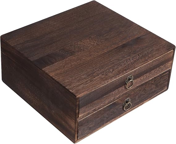 Cabilock Wooden Desktop Drawer Organizer Retro Desk Box with Pull Ring Solid Wood Storage Drawer for Office Supplies Home Desk Accessories Wooden Table 10.03 X 9.64 X 4.33 in