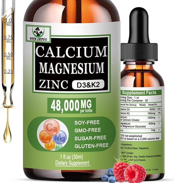Calcium Magnesium Zinc Drops, 1200mg Calcium with Vitamin D3 K2 Magnesium for Bone,Teeth,Colon,Cardiovascular Health, High Absorption Liquid Calcium Supplement, Gluten Free,Non GMO