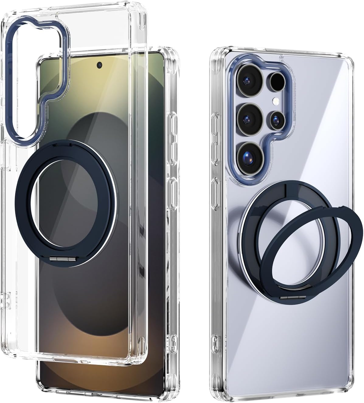 スタンドケース Samsung Galaxy S25 Ultra 5G対応 磁気磁気リングスタンド付き スリムクリア保護カバー 耐衝撃性 黄変防止 スマホケース クリスタルクリア ディープブルー