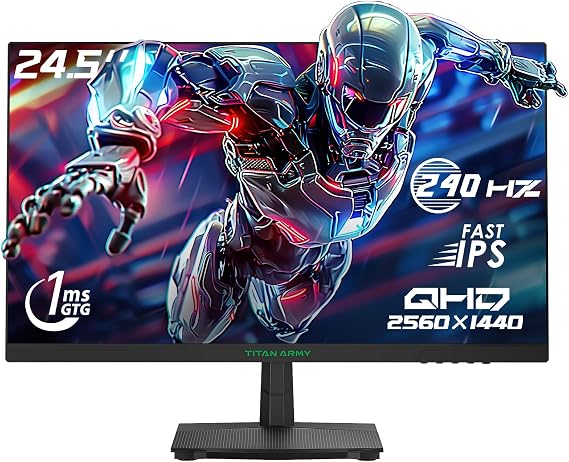 TITAN ARMY 240Hz 1440P Gaming Monitor 24.5 Inches QHD 2560 x 1440 Fast IPS 1ms GTG Adaptive Sync Frameless Monitor 126% sRGB HDR10 Low Blue Light 100 x 100 VESA HDMI 2.0 DisplayPort 1.4 P2510S