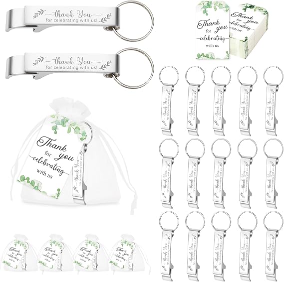 AerWo 50 Sets Wedding Favors: Bottle Opener Keychains, Thank You Cards & Organza Bags for Guests