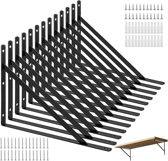 12Pcs Shelf Brackets Heavy Duty, 400x250mm Wall Mounted Floating Shelf Bracket Support, Right Angle Triangle Shelving Brackets Wall Brackets for Shelves with Screws, Black