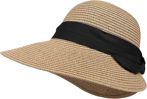 Womens Sun Hat, Summer Wide Brim Beach Sun Straw Hat Foldable Packable Floppy Straw Beach Hat Bucket Hat for Travel