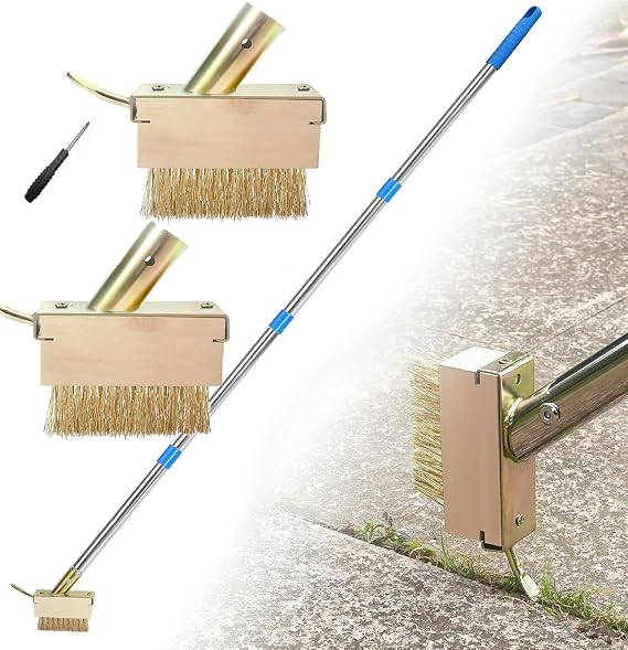 Weed Brush, 63" Strecheble Long Handle Patio Weed Remover Tool Stainless Steel Weed Brush For Block Paving Grout Deck Paver Walkway Driveway(2 Weed Brush Heads Include)