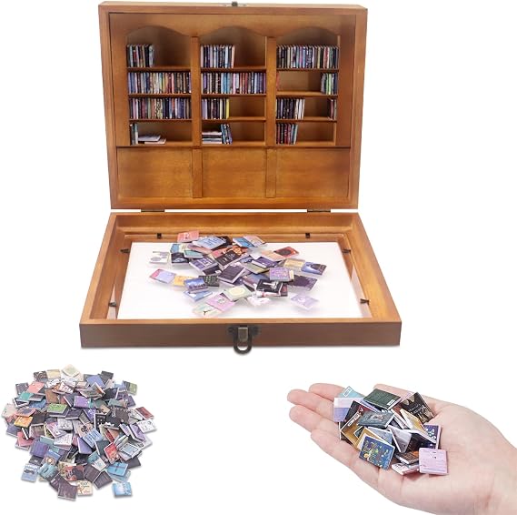 Yuhtech Anxiety Bookshelf, Shake Away Your Anxietys Bookshelve, Mini Bookshelf with 200 Minibooks, Stress Reliever, Wooden Miniature Library, Bookcase