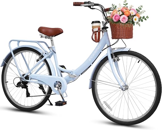 Ecarpat 26 Inch Folding Beach Cruiser Bike for Women, 7 Speed Comfortable City Bike with Rear Rack, Cup Holder and Basket, Steel Frame Commuter Foldable Bicycle with Dual V-Brakes for Adults