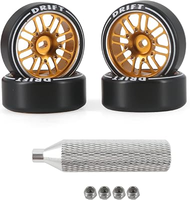 4Pcs [2N2W] Rc Drift Wheels & Logo Drift Tires, 16 Spoke Exquisite Aluminum Alloy Rims with Rc Drift Car Tires for 124 128 Kyosho Mini-Q HGD1 HGV1 Wltoys K969 K989 K929 AWD Gold
