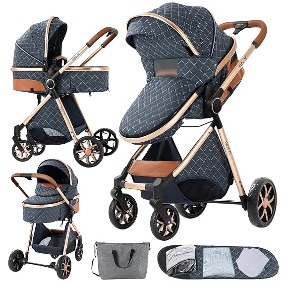 Baby Stroller:Full-Size Reversible Bassinet & Toddler Seat,Foldable Design with UPF 50+ Canopy,Bug Shield,Rain Shield,All-Weather Storage Newborn to 36 Months(Blue&Gold)