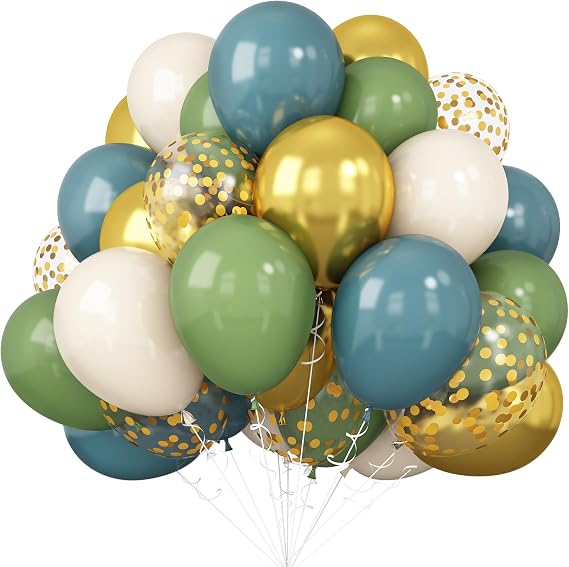 Green Blue Balloons Sage Beige Gold Balloon Jungle Woodland Party Decorations Safari Wild One Dino Birthday Dusty Blue Green White Balloon 60pcs 12inch Helium Latex Balloons Gold Confetti
