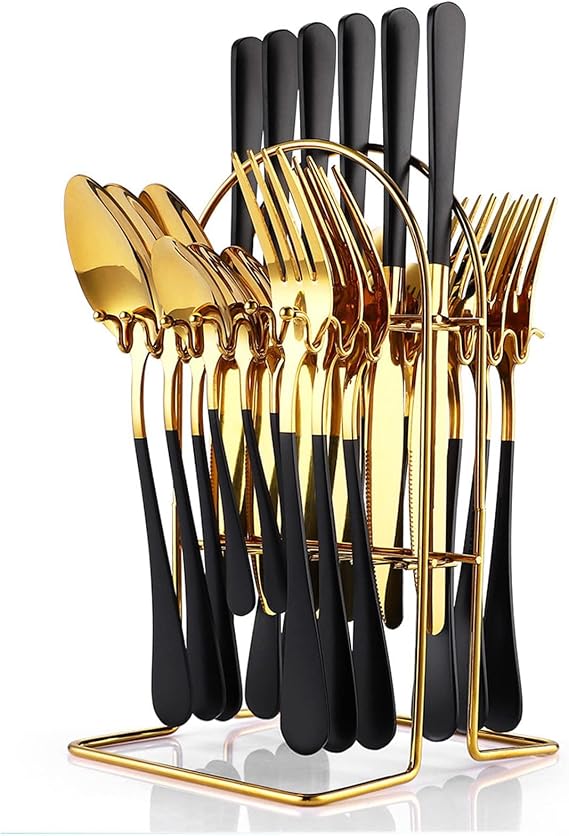 24 Pieces Cutlery Set with Holder, Stainless Steel Knife Fork Spoon Flatware Set, Gold Mirror Polishing Flatware Set Service for 6, Hanging Cutlery Set with Stand (Black Gold)