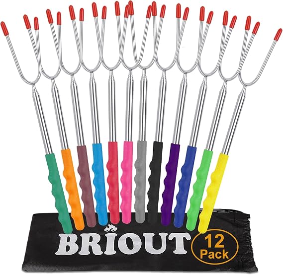 Marshmallow Roasting Sticks 12 Colors Extra Long 45'' Stainless Telescoping Hot Dog Smores Skewers Kids Safe Barbecue Forks for Campfire, Bonfire and Grill(12 Count)