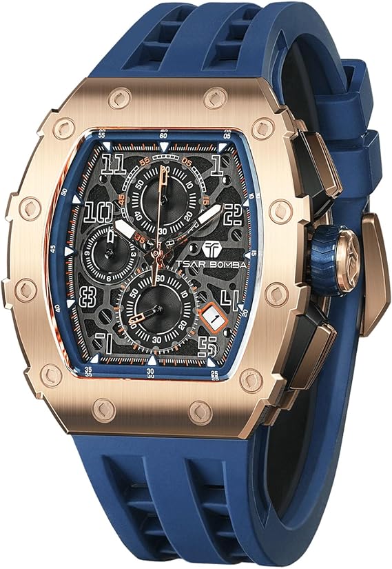 TSAR BOMBA Men's Luxury Quartz Watch, Luminous Dial 5ATM Water Resistance Silicone Strap Men's Wristwatch Ideal Gift for Men