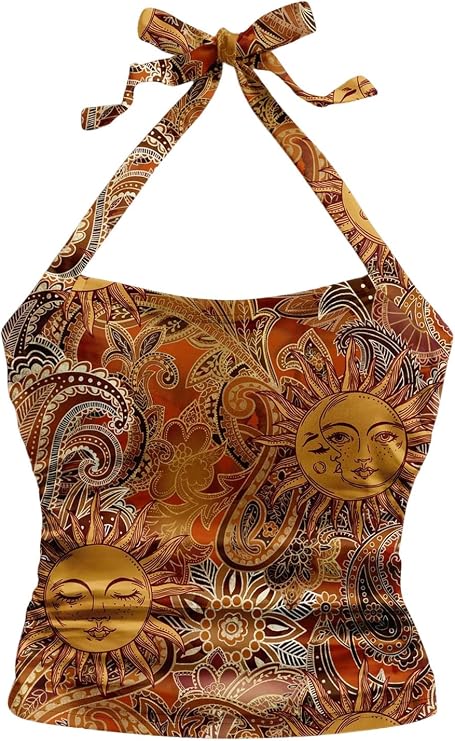 BEAUDRM Women's Paisley Halter Tops Boho Tie Back Fitted Vintage Camisole Tops