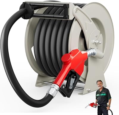 Diesel Fuel Hose Reel 1 Inch x 50ft with Fueling Nozzle, Fuel Hose Reel 300PSI Retractable Industrial Heavy Duty Swivel Steel Construction Reel for Ship Vehicle Tank Truck Trailer Cart
