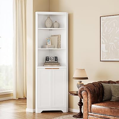 Letaya Corner Storage Cabinet with 2 Doors and 3 Shelves,Metal White Tall Corner Cabinets for Home Kitchen