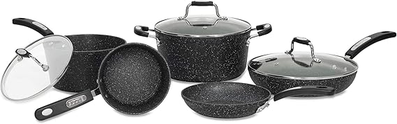 Starfrit The Rock 8PC Non-Stick Cookware Set, Black | Durable Forged Aluminum, Oven Safe, PFOA Free, Easy to Clean
