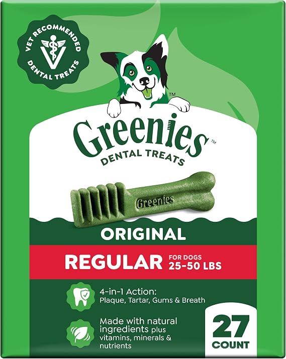 Greenies Regular Dental Dog Treats, Original Chicken Flavor, 27 Count | Vet-recommended, cleaner teeth after 28 days, cleans to gumline, for dogs 25-50 lbs, original chicken flavor